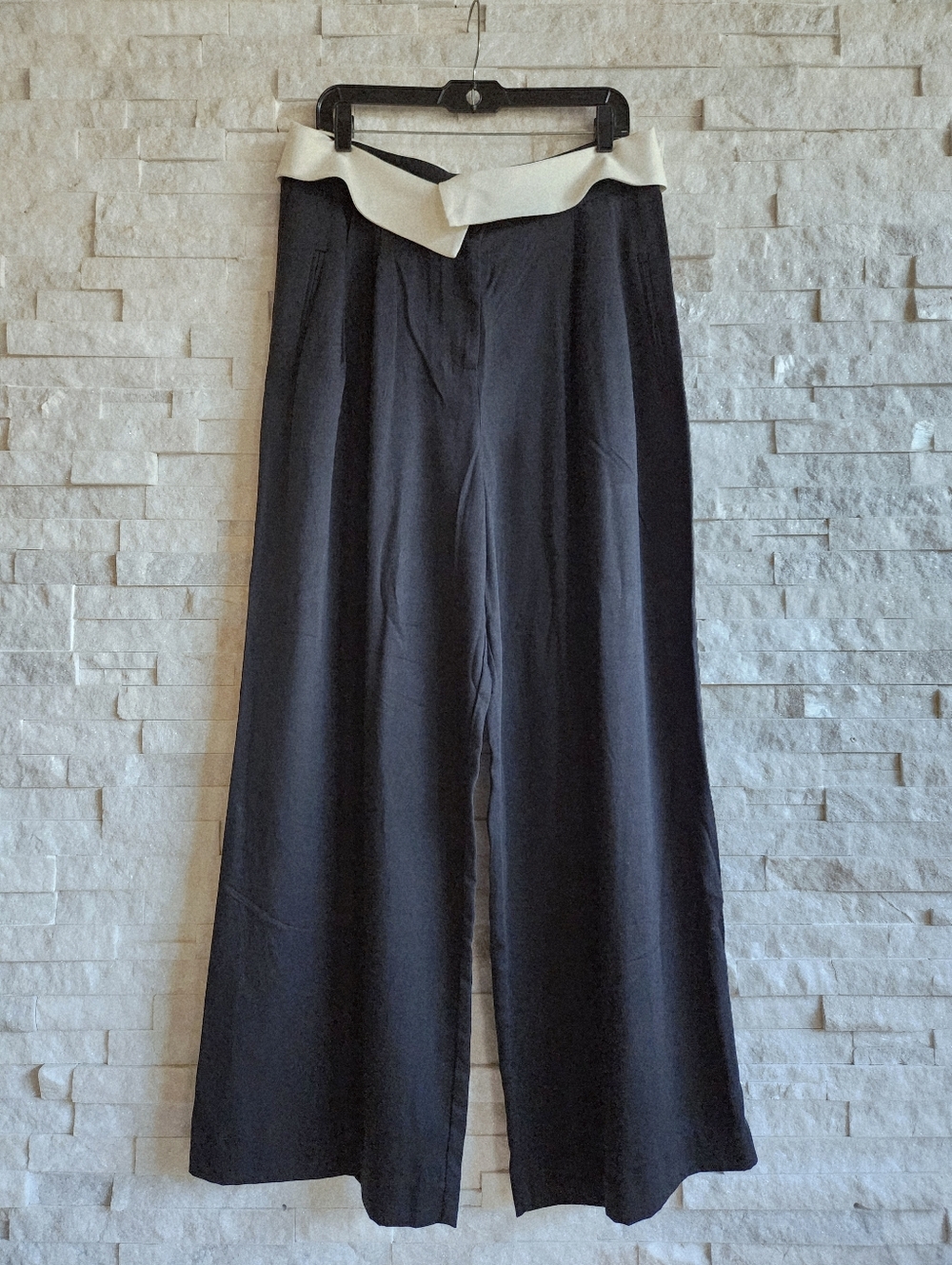 NWT Noli Womens Soho Foldover Wide Leg Black Trouser Pants Contrast Waistband 14 - Picture 6 of 13